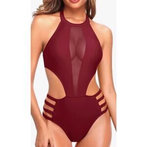 One Piece Sexy Mesh Swimsuit High Neck Halter Cutout Maroon Hollywood Glam MED